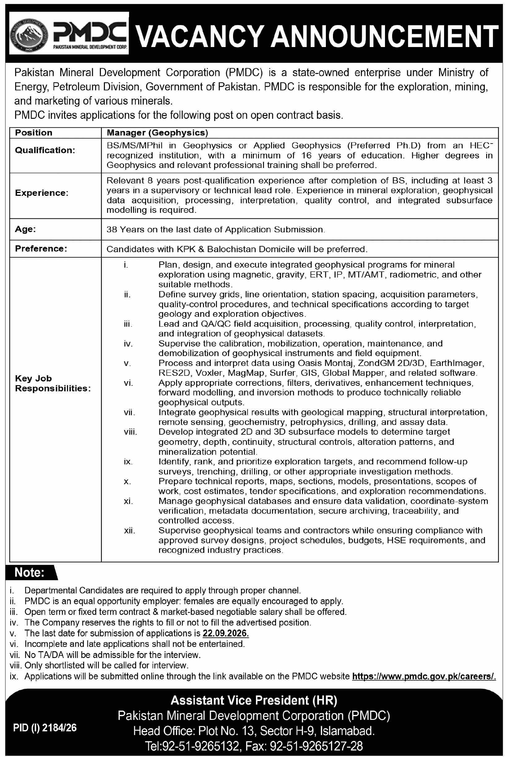 PMDC Manager (Geophysics) Jobs 2026 in Islamabad 1 PMDC Manager (Geophysics) Jobs 2026 in Islamabad