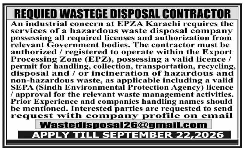 Waste Disposal Contractor Jobs 2026 in Karachi in EPZA Karachi