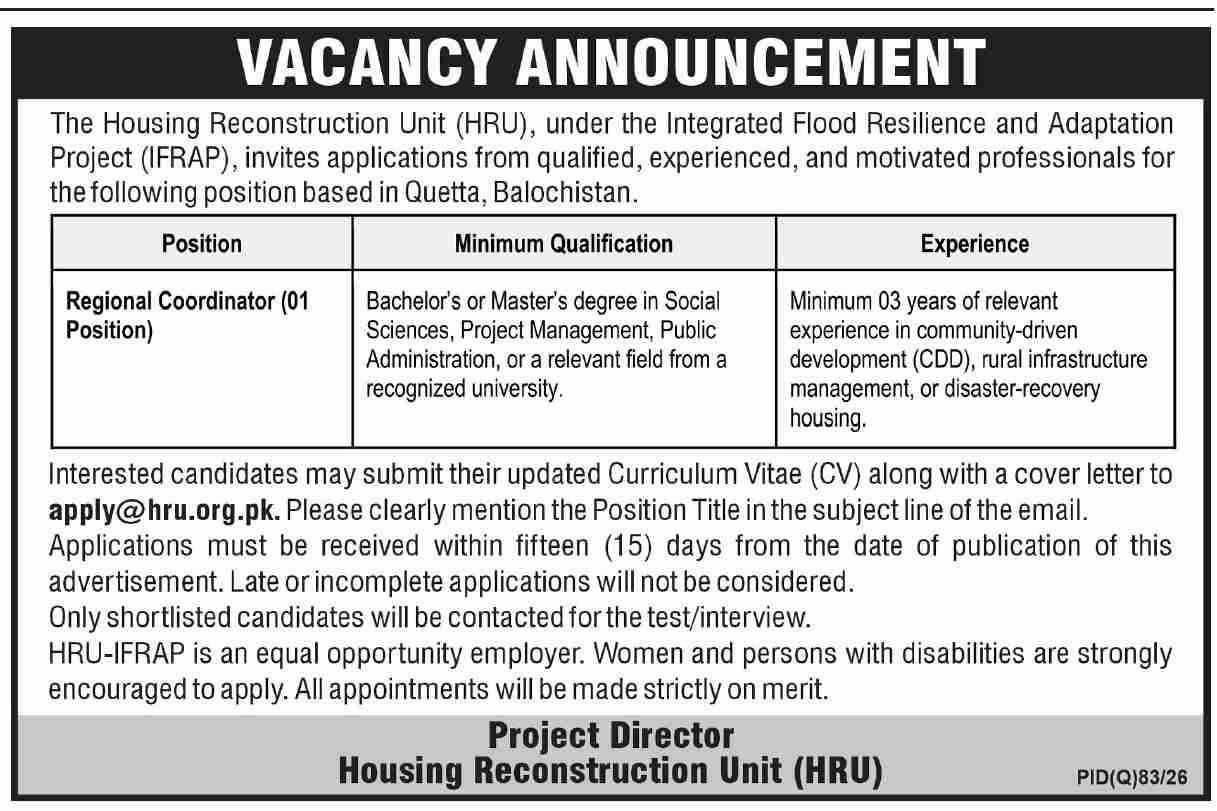 Housing Reconstruction Unit Jobs 2026 in Quetta 1 Housing Reconstruction Unit Jobs 2026 in Quetta