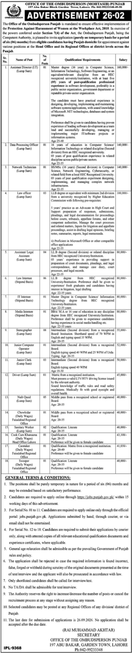 Ombudsperson Punjab Jobs 2026 in Lahore 1 Ombudsperson Punjab Jobs 2026 in Lahore