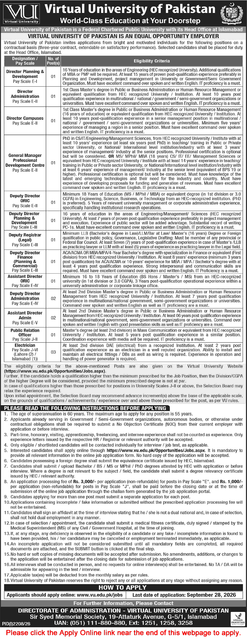 Virtual University Jobs 2026 in Islamabad