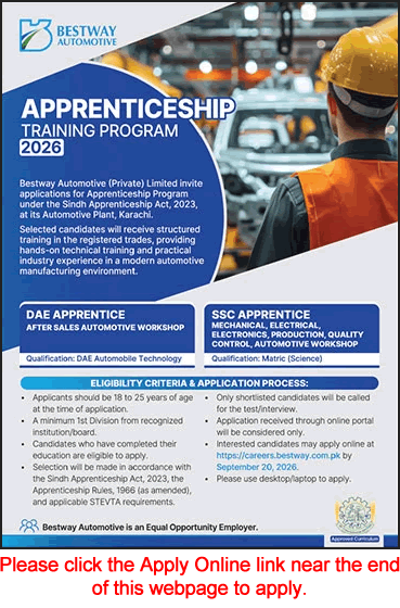 Bestway Automotive Apprenticeship Program Jobs 2026 in Karachi