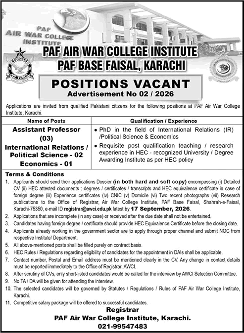 PAF Air War College Institute Jobs 2026 in Karachi