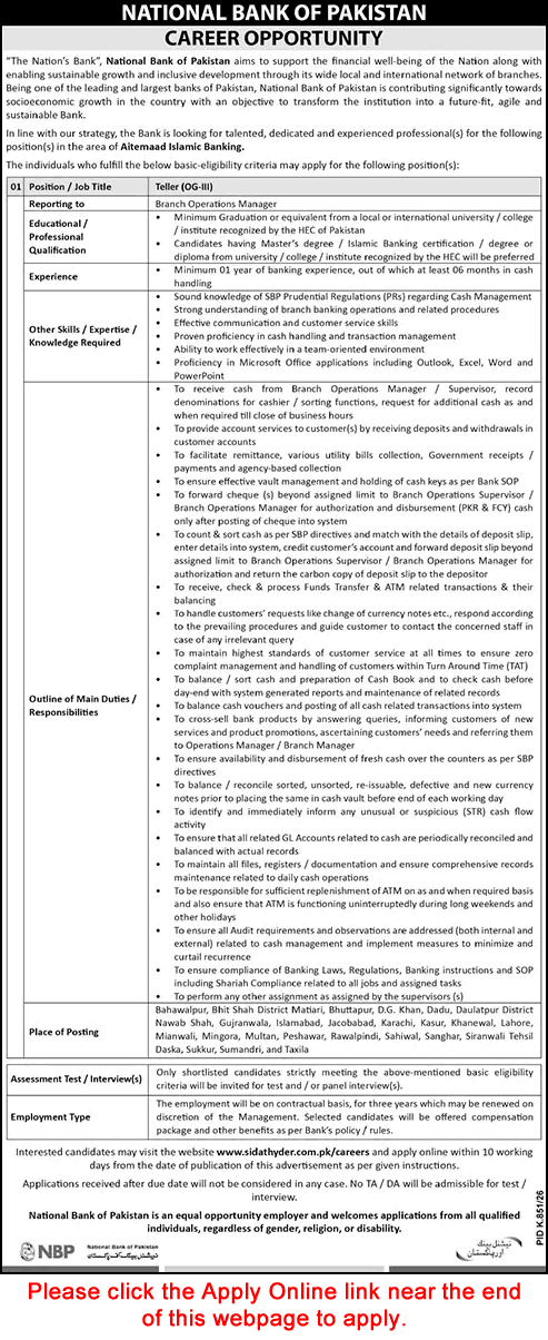 National Bank of Pakistan Teller Jobs 2026