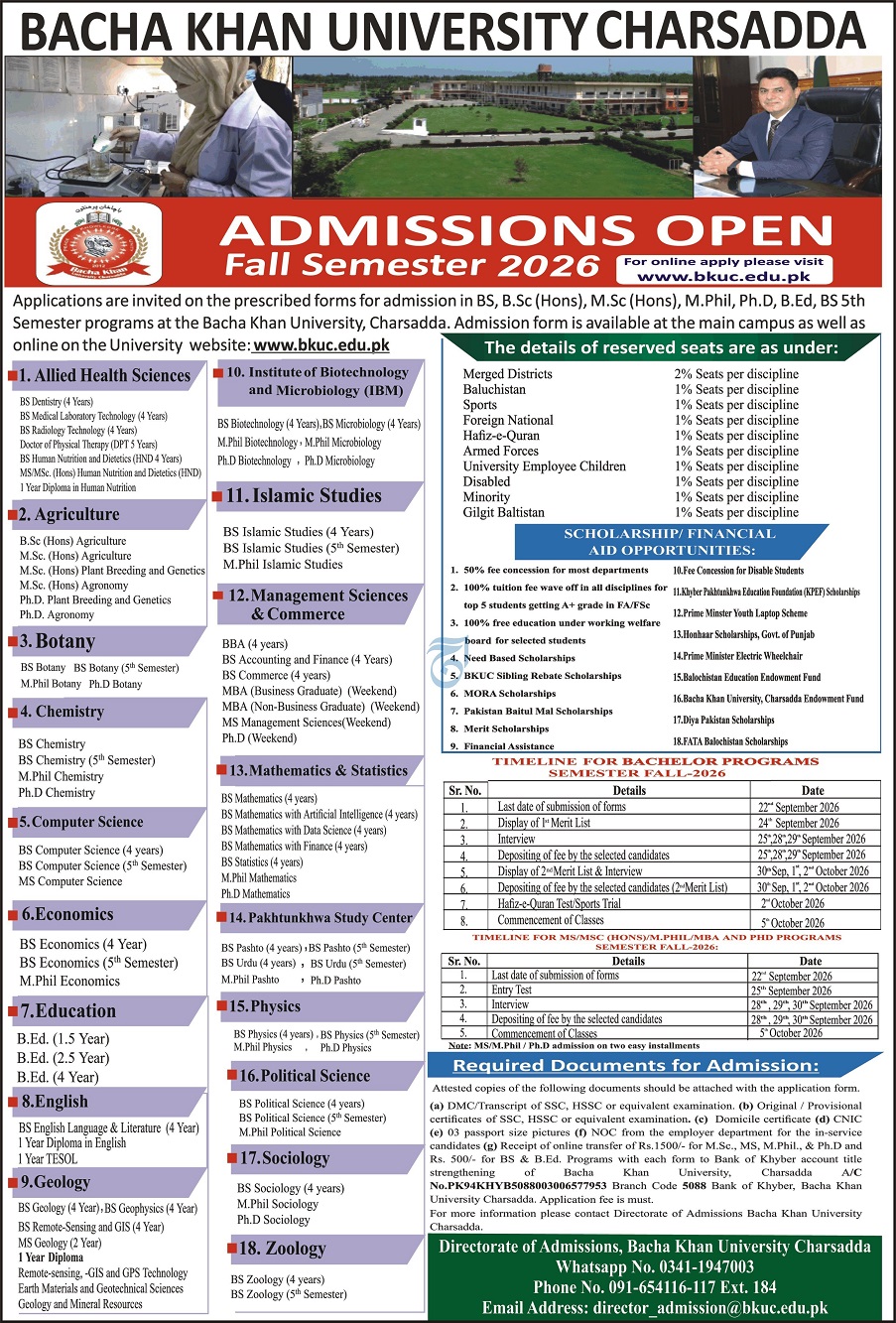 Bacha Khan University Admissions 2026 in Charsadda 1 Bacha Khan University Admissions 2026 in Charsadda