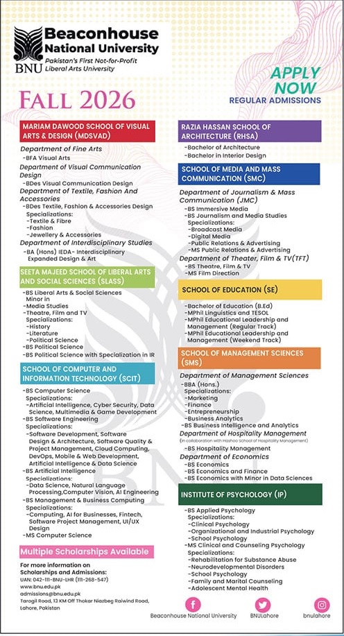 Beaconhouse National University Admissions 2026 in Lahore