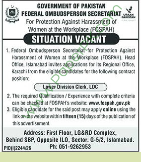 Federal Ombudsperson Secretariat LDC Jobs 2026 in Karachi