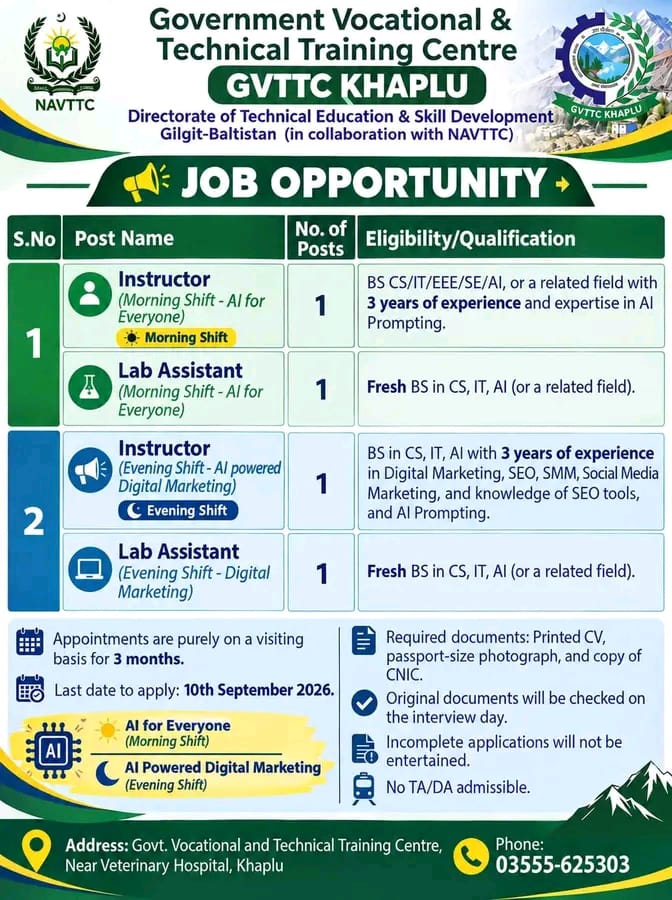 GVTC Khaplu Jobs 2026 in Gilgit-Baltistan