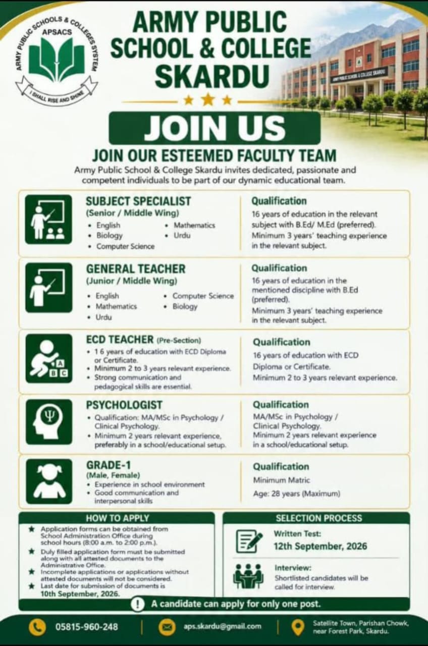 Army Public School & College Skardu Jobs 2026 in Skardu 1 Army Public School & College Skardu Jobs 2026 in Skardu