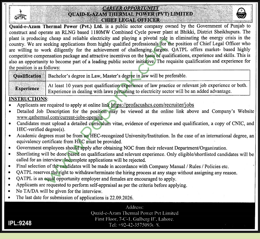 Quaid-e-Azam Thermal Power Ltd Chief Legal Officer Jobs 2026 in Punjab